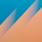 Abstract design featuring blue and orange diagonal stripes with a minimalist pattern.